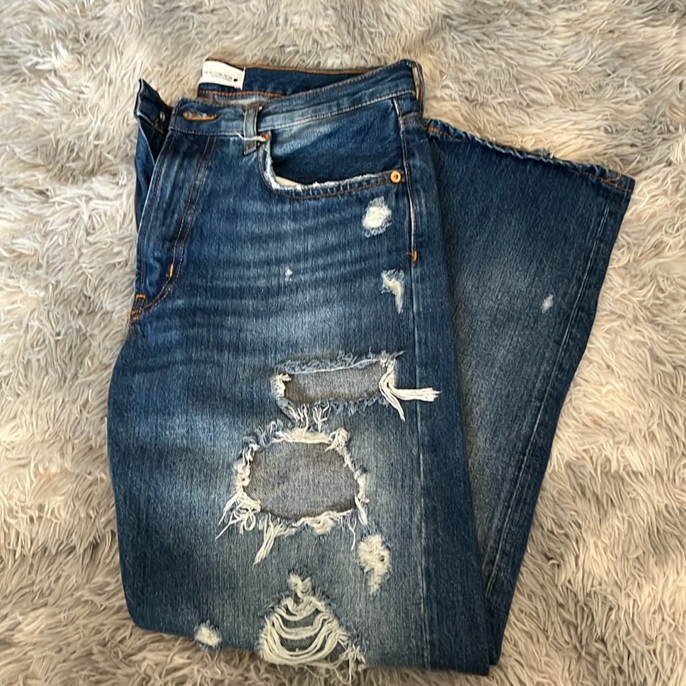 Zara Mid-Rise Distressed Straight Jeans